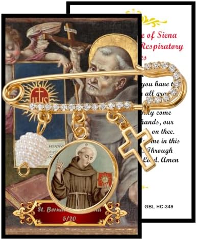 St. Bernardine of Siena Catholic Prayer Pin Brooch, Gold-Tone Rhinestone Safety Pin with Saint Medal, Cross Charm, White Beaded Accent and English Prayer Card, Religious Faith Jewelry Gift