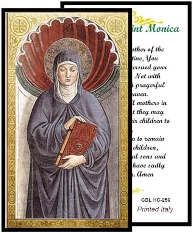 Saint Monica Catholic Prayer Pin Brooch, Gold-Tone Rhinestone Safety Pin with Saint Medal, Cross Charm, White Pearl Bead Accent & English Prayer Card, Religious Faith Jewelry Gift