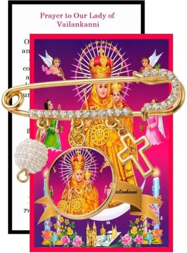 Our Lady of Vailankanni Catholic Prayer Pin Brooch, Gold-Tone Rhinestone Safety Pin with Virgin Mary Medal, Cross Charm, White Pearl Bead Accent & English Prayer Card, Religious Faith Jewelry Gift
