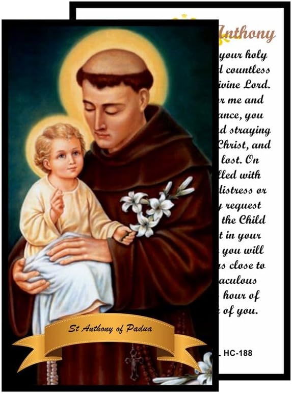 St. Anthony of Padua Gold-Tone Rhinestone Safety Pin Brooch with Saint Medal, Cross Charm, White Beaded Accent & Prayer Card, Catholic Faith Jewelry Gift