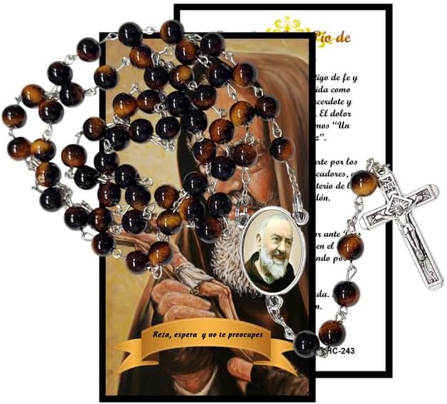 Gifts by Lulee, LLC Padre Pío Rosario Católico de Piedra Natural Tiger Eye, Cuentas de Oración con Crucifijo Plateado y Medalla Central, Cadena Resistente para Uso Diario y Regalos Religiosos