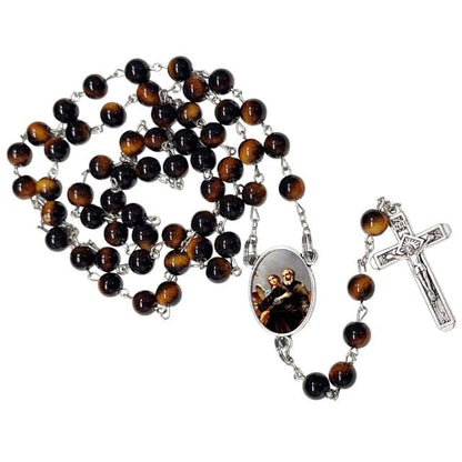 Saint Peregrine Catholic Rosary with Natural Tiger Eye Beads, Silver Crucifix and Center Medal, English Prayer Card, Natural Stone Prayer Beads for Daily Prayer, Devotion & Gifting