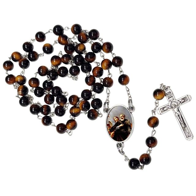 San Peregrino Rosario Católico de Piedra Natural Tiger Eye, Cuentas de Oración con Crucifijo Plateado y Medalla Central, Cadena Resistente para Uso Diario y Regalos Religiosos