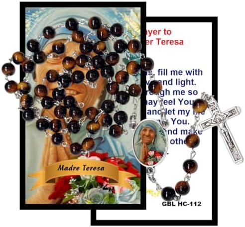 Gifts by Lulee, LLC Mother Teresa Catholic Rosary with Natural Tiger Eye Beads, Silver Crucifix and Center Medal, English Prayer Card, Natural Stone Prayer Beads for Daily Prayer, Devotion & Gifting