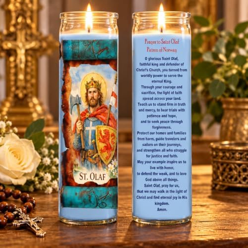 St. Olaf Candle with Prayer on Back | Patron Saint of Norway – Catholic Devotional Pillar Candle for Home Altar, Protection & Daily Prayer