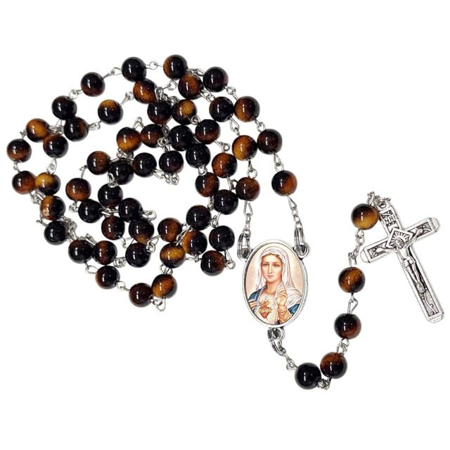 Inmaculado Corazón de María Rosario Católico de Piedra Natural Tiger Eye, Cuentas de Oración con Crucifijo Plateado y Medalla Central, Cadena Resistente para Uso Diario y Regalos Religiosos