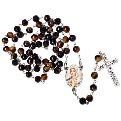 Inmaculado Corazón de María Rosario Católico de Piedra Natural Tiger Eye, Cuentas de Oración con Crucifijo Plateado y Medalla Central, Cadena Resistente para Uso Diario y Regalos Religiosos