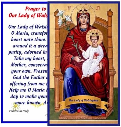 Our Lady of Walsingham Catholic Prayer Pin Brooch, Gold-Tone Rhinestone Safety Pin with Virgin Mary Medal, Cross Charm, White Pearl Bead Accent & English Prayer Card, Religious Faith Jewelry Gift