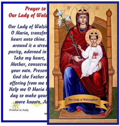 Our Lady of Walsingham Catholic Prayer Pin Brooch, Gold-Tone Rhinestone Safety Pin with Virgin Mary Medal, Cross Charm, White Pearl Bead Accent & English Prayer Card, Religious Faith Jewelry Gift