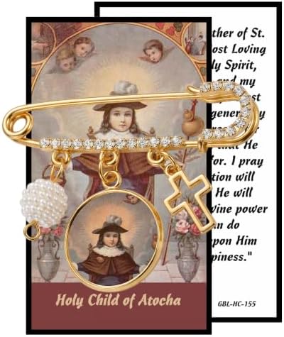 Holy Child of Atocha Religious Devotional Pin Gold-Tone Brooch with Saint Medal Charm, Faith Jewelry, Catholic Gift for Prayer and Protection