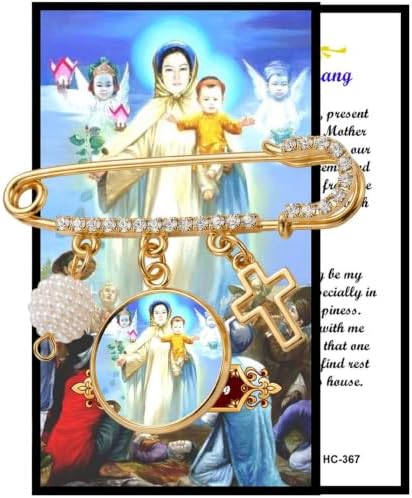 Our Lady of La Vang Catholic Prayer Pin Brooch, Gold-Tone Rhinestone Safety Pin with Saint Medal, Cross Charm, White Pearl Bead Accent & English Prayer Card, Religious Faith Jewelry Gift