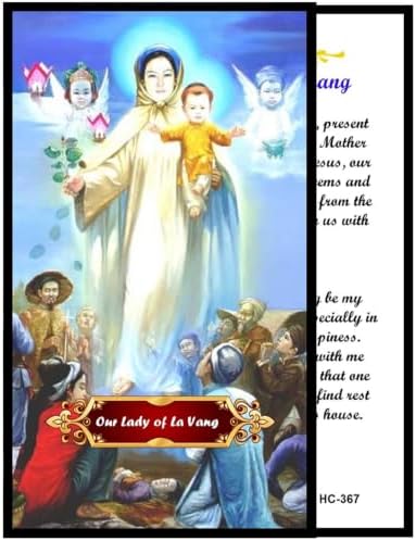 Our Lady of La Vang Catholic Prayer Pin Brooch, Gold-Tone Rhinestone Safety Pin with Saint Medal, Cross Charm, White Pearl Bead Accent & English Prayer Card, Religious Faith Jewelry Gift
