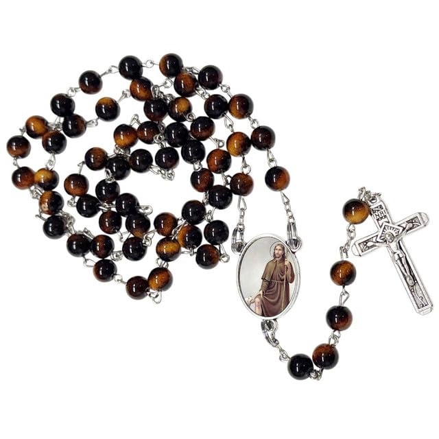 Gifts by Lulee, LLC Saint Rocco Catholic Rosary with Natural Tiger Eye Beads, Silver Crucifix and Center Medal, English Prayer Card, Natural Stone Prayer Beads for Daily Prayer, Devotion & Gifting