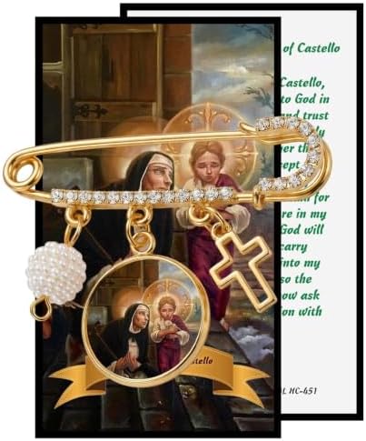 St. Margaret of Castello Catholic Prayer Pin Brooch, Gold-Tone Rhinestone Safety Pin with Saint Medal, Cross Charm, White Pearl Bead Accent & English Prayer Card, Religious Faith Jewelry Gift