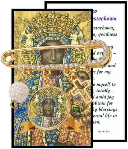 Our Lady of Czestochowa Catholic Prayer Pin Brooch, Gold-Tone Rhinestone Safety Pin with Saint Medal, Cross Charm, Pearl Bead Accent & English Prayer Card, Religious Faith Jewelry Gift