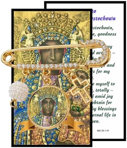 Our Lady of Czestochowa Catholic Prayer Pin Brooch, Gold-Tone Rhinestone Safety Pin with Saint Medal, Cross Charm, Pearl Bead Accent & English Prayer Card, Religious Faith Jewelry Gift