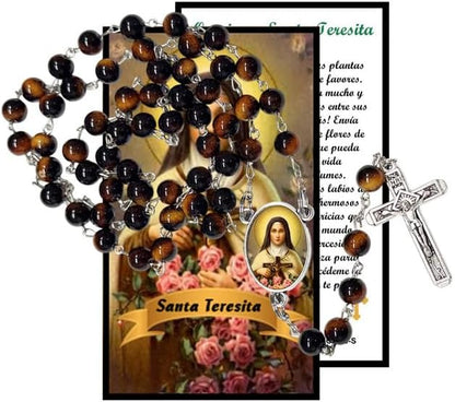 Santa Teresita del Niño Jesús Rosario Católico de Piedra Natural Tiger Eye, Cuentas de Oración con Crucifijo Plateado y Medalla Central, Cadena Resistente para Uso Diario y Regalos Religiosos