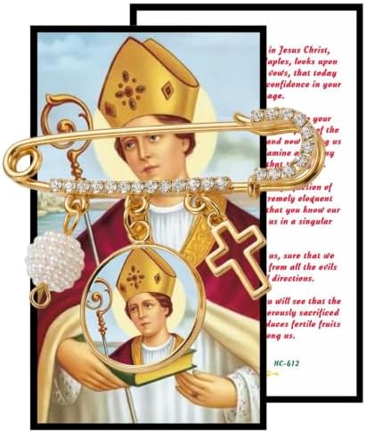 Saint Medal Catholic Prayer Pin Brooch, Gold-Tone Rhinestone Safety Pin with Cross Charm, White Pearl Bead Accent & English Prayer Card, Religious Faith Jewelry Gift