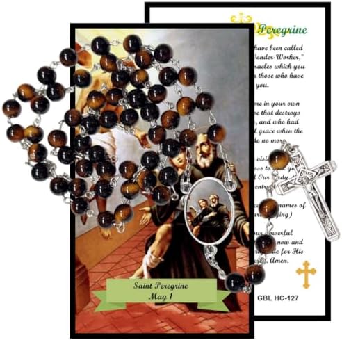 Saint Peregrine Catholic Rosary with Natural Tiger Eye Beads, Silver Crucifix and Center Medal, English Prayer Card, Natural Stone Prayer Beads for Daily Prayer, Devotion & Gifting
