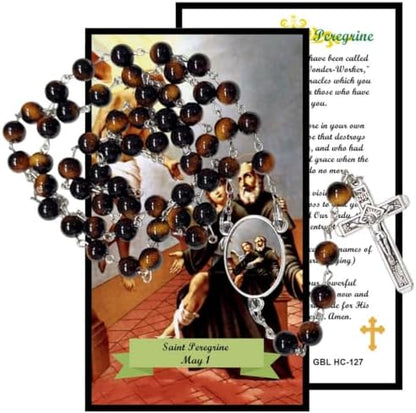 Saint Peregrine Catholic Rosary with Natural Tiger Eye Beads, Silver Crucifix and Center Medal, English Prayer Card, Natural Stone Prayer Beads for Daily Prayer, Devotion & Gifting