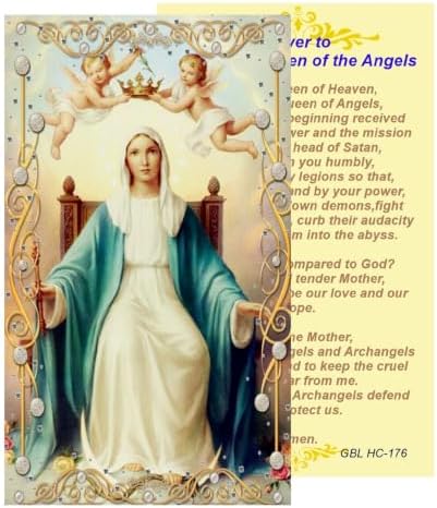 Queen of Angels Catholic Prayer Pin Brooch, Gold-Tone Rhinestone Safety Pin with Virgin Mary Medal, Cross Charm, White Pearl Bead Accent & English Prayer Card, Religious Faith Jewelry Gift