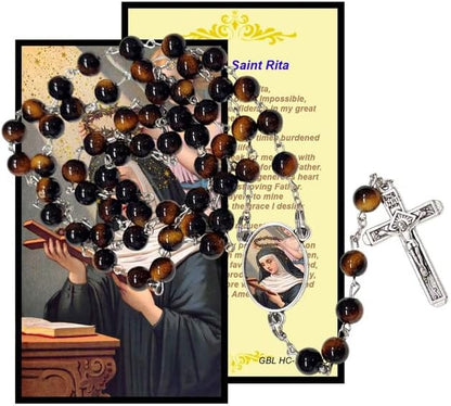 Gifts by Lulee, LLC Saint Rita Catholic Rosary with Natural Tiger Eye Beads, Silver Crucifix and Center Medal, English Prayer Card, Natural Stone Prayer Beads for Daily Prayer, Devotion & Gifting