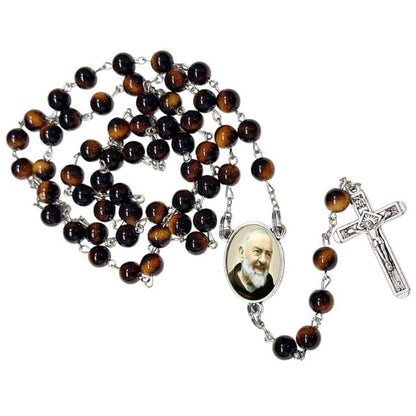 Gifts by Lulee, LLC Padre Pio Catholic Rosary with Natural Tiger Eye Beads, Silver Crucifix and Center Medal, English Prayer Card, Natural Stone Prayer Beads for Daily Prayer, Devotion & Gifting