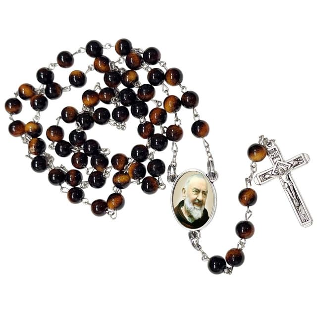 Gifts by Lulee, LLC Padre Pío Rosario Católico de Piedra Natural Tiger Eye, Cuentas de Oración con Crucifijo Plateado y Medalla Central, Cadena Resistente para Uso Diario y Regalos Religiosos