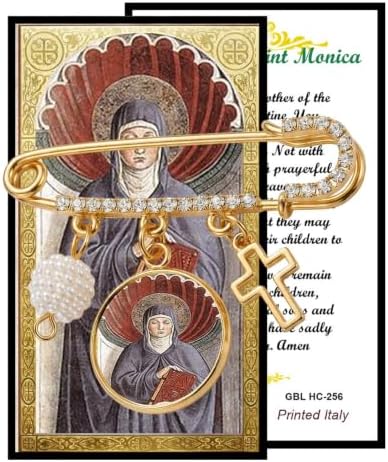 Saint Monica Catholic Prayer Pin Brooch, Gold-Tone Rhinestone Safety Pin with Saint Medal, Cross Charm, White Pearl Bead Accent & English Prayer Card, Religious Faith Jewelry Gift
