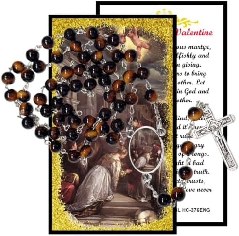 Saint Valentine Catholic Rosary with Natural Tiger Eye Beads, Silver Crucifix and Center Medal, English Prayer Card, Natural Stone Prayer Beads for Daily Prayer, Devotion & Gifting