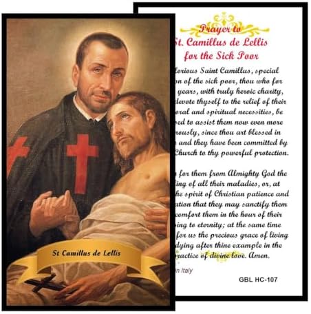 St. Camillus de Lellis Catholic Prayer Pin Brooch, Gold-Tone Rhinestone Safety Pin with Saint Medal, Cross Charm, Pearl Bead Accent & English Prayer Card, Religious Faith Jewelry Gift