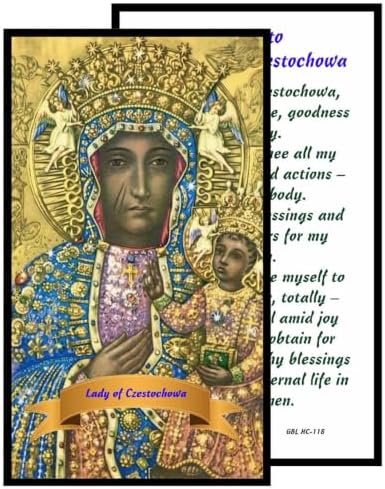 Our Lady of Czestochowa Catholic Prayer Pin Brooch, Gold-Tone Rhinestone Safety Pin with Saint Medal, Cross Charm, Pearl Bead Accent & English Prayer Card, Religious Faith Jewelry Gift