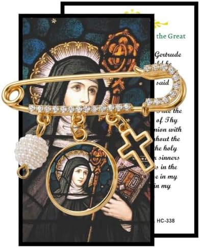 St. Gertrude the Great Catholic Prayer Pin Brooch, Gold-Tone Rhinestone Safety Pin with Saint Medal, Cross Charm, Pearl Bead Accent & English Prayer Card, Religious Faith Jewelry Gift