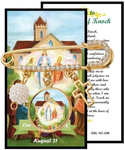 Our Lady of Knock Catholic Prayer Pin Brooch, Gold-Tone Rhinestone Safety Pin with Saint Medal, Cross Charm, White Pearl Bead Accent & English Prayer Card, Religious Faith Jewelry Gift