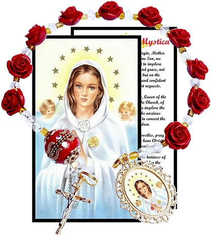 Maria Rosa Mystica Chaplet Pocket Rosary Rose Beads Gold Plated Crucifix and Prayer Card