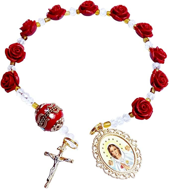 Maria Rosa Mystica Chaplet Pocket Rosary Rose Beads Gold Plated Crucifix and Prayer Card