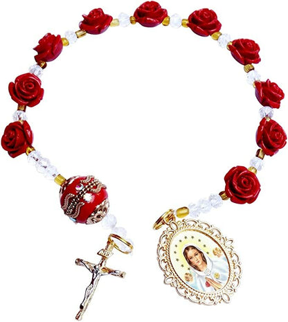 Maria Rosa Mystica Chaplet Pocket Rosary Rose Beads Gold Plated Crucifix and Prayer Card