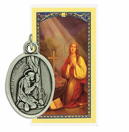  Mary Magdalene Patron Saint of Women Silver Oxidized Medal with Prayer Card