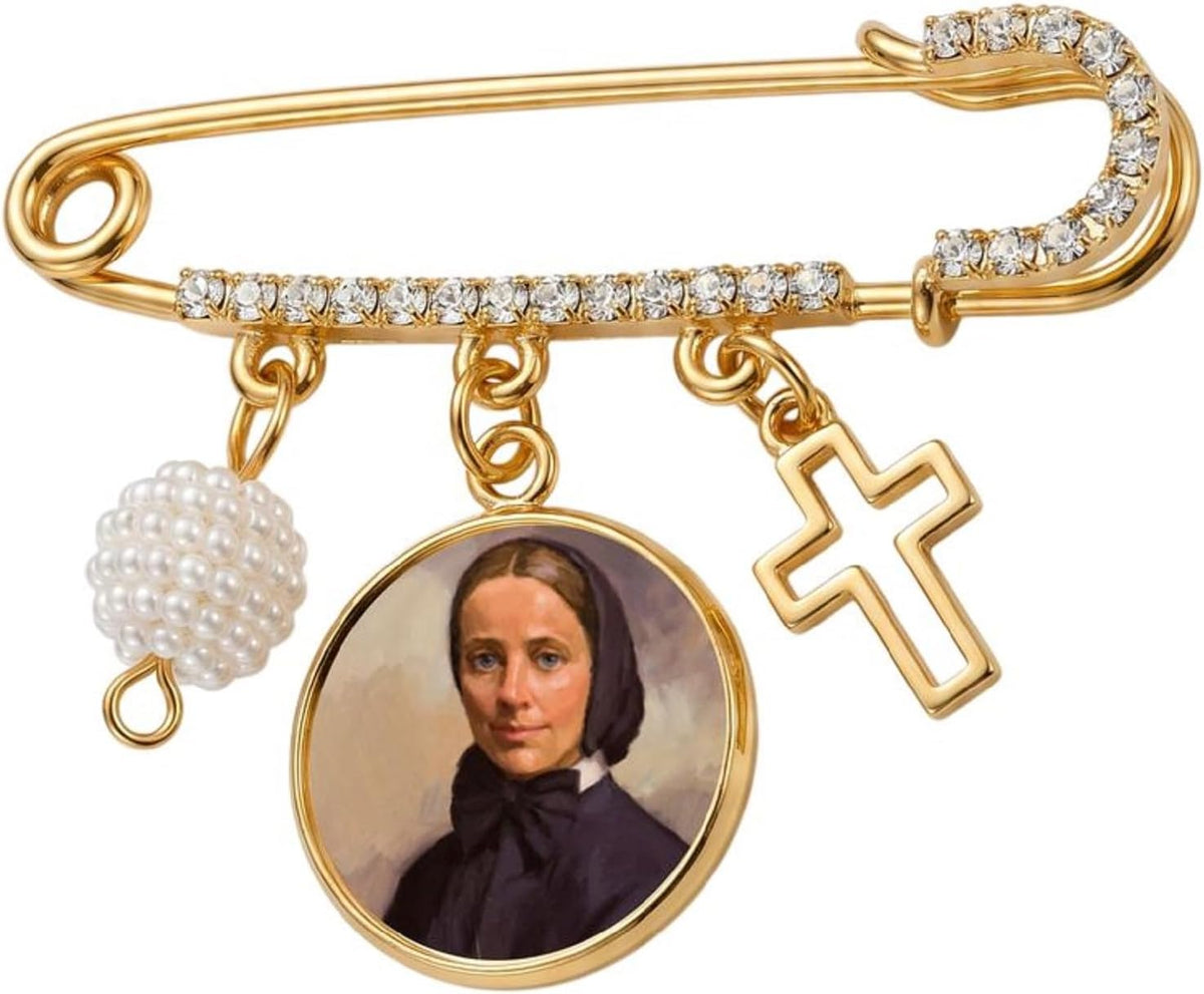 St. Frances Xavier Cabrini Catholic Prayer Pin Brooch, Gold-Tone Rhinestone Safety Pin with Saint Medal, Cross Charm, Pearl Bead Accent & English Prayer Card, Religious Faith Jewelry Gift