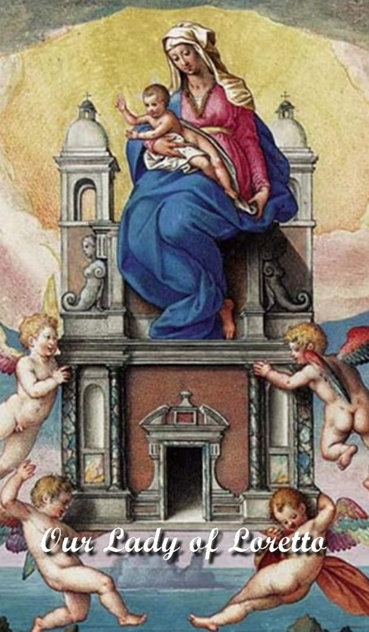 Virgen de El Loreto Patrona de los Aviadores Rosario artesanal con cuentas de cuarzo negro azabache con coronita crucifijo y detalles enchapados en oro centro cabochon con imagen a color y postal de rezo