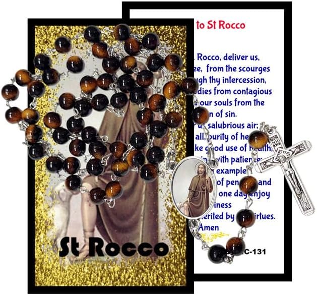 Gifts by Lulee, LLC Saint Rocco Catholic Rosary with Natural Tiger Eye Beads, Silver Crucifix and Center Medal, English Prayer Card, Natural Stone Prayer Beads for Daily Prayer, Devotion & Gifting