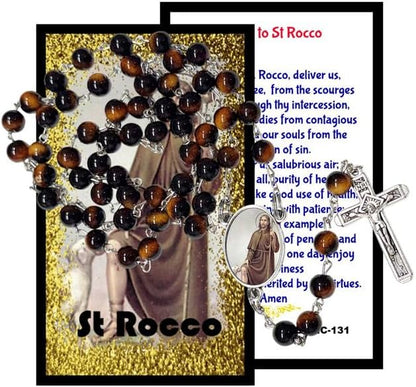 Gifts by Lulee, LLC Saint Rocco Catholic Rosary with Natural Tiger Eye Beads, Silver Crucifix and Center Medal, English Prayer Card, Natural Stone Prayer Beads for Daily Prayer, Devotion & Gifting