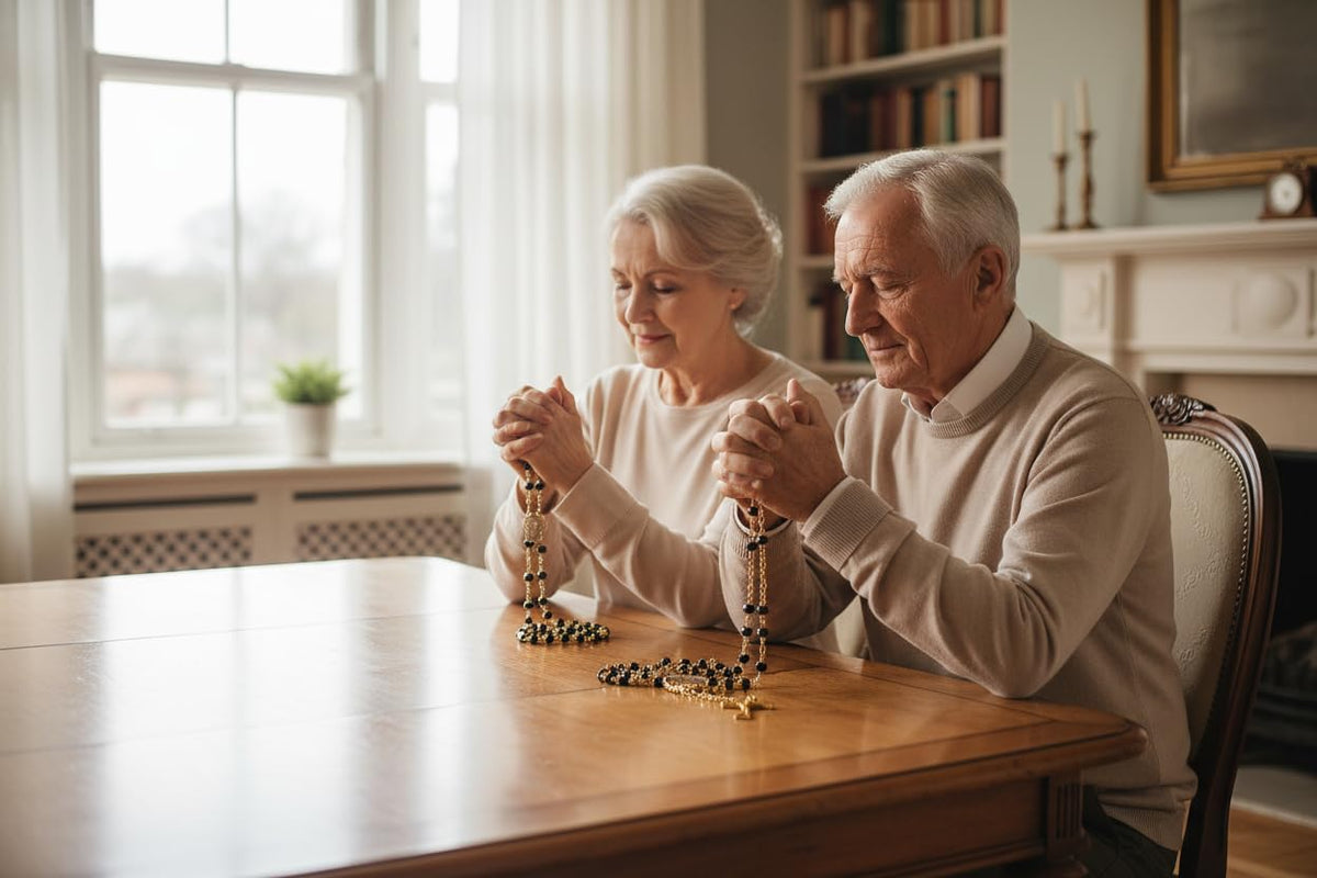 Our Lady Notre-Dame-du-Cap Canadian Marian Devotion Handcrafted rosary jet black quartz capped beads gold plated findings, crucifix, medal centerpiece with color image and a prayer card