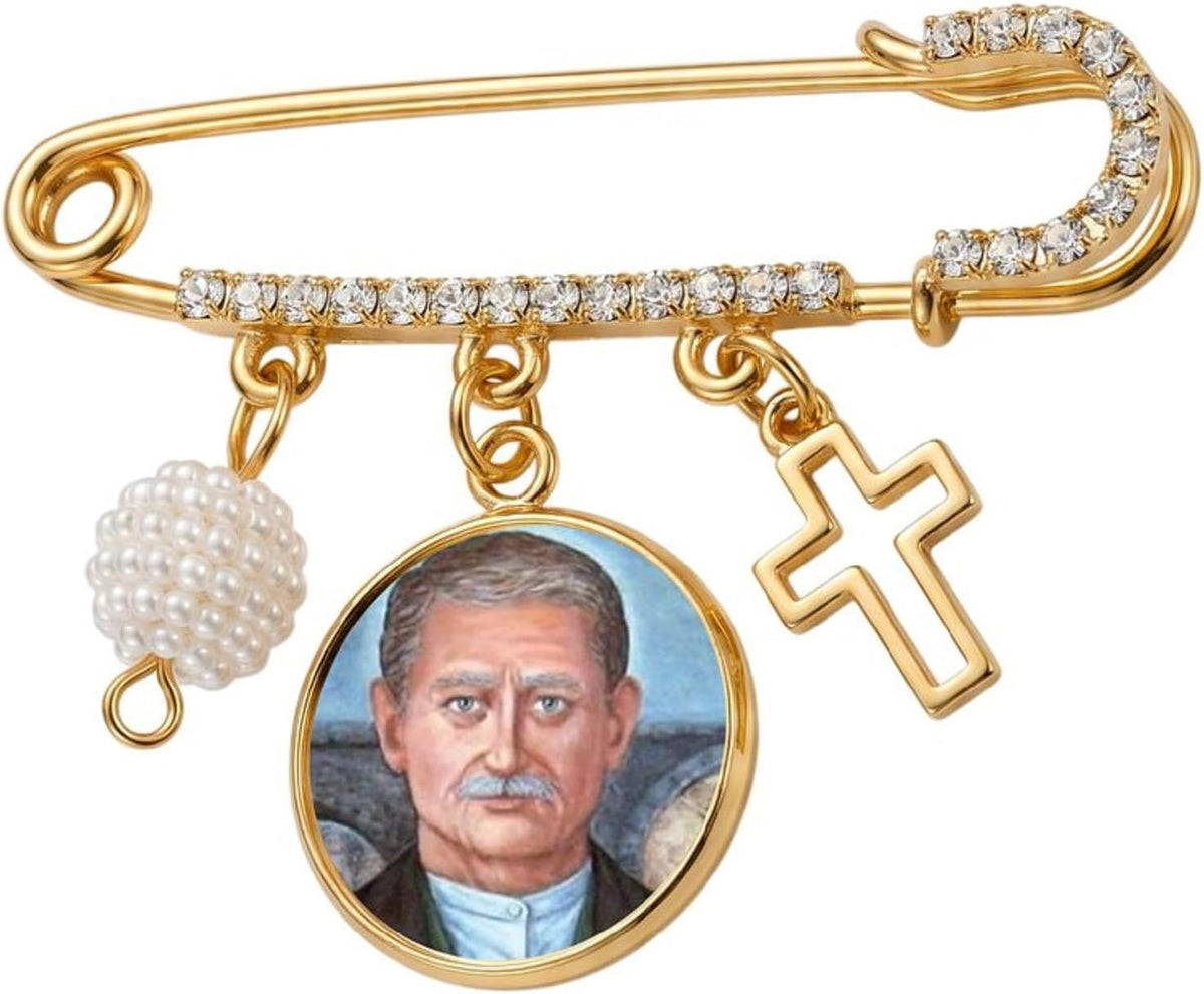 St. Matt Talbot Catholic Prayer Pin Brooch, Gold-Tone Rhinestone Safety Pin with Saint Medal, Cross Charm, White Pearl Bead Accent & English Prayer Card, Religious Faith Jewelry Gift