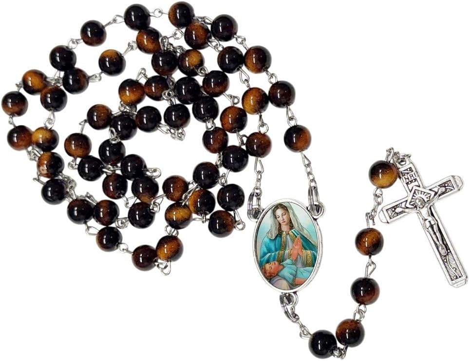 Our Lady of Divine Providence Catholic Rosary with Natural Tiger Eye Beads, Silver Crucifix and Center Medal, English Prayer Card, Natural Stone Prayer Beads for Daily Prayer, Devotion & Gifting