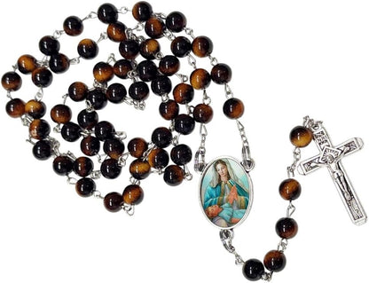 Nuestra Señora de la Divina Providencia Rosario Católico de Piedra Natural Tiger Eye, Cuentas de Oración con Crucifijo Plateado y Medalla Central, Cadena Resistente para Uso Diario y Regalos Religiosos