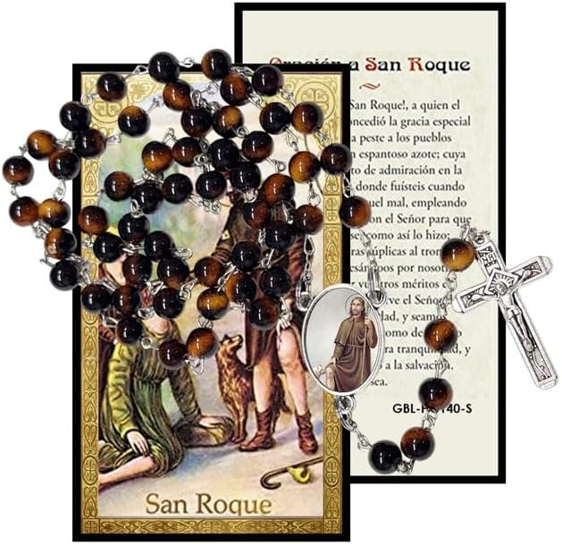 Gifts by Lulee, LLC San Roque Rosario Católico de Piedra Natural Tiger Eye, Cuentas de Oración con Crucifijo Plateado y Medalla Central, Cadena Resistente para Uso Diario y Regalos Religiosos