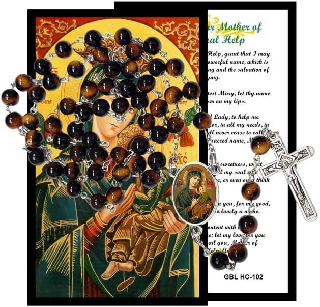 Our Mother of Perpetual Help Catholic Rosary with Natural Tiger Eye Beads, Silver Crucifix and Center Medal, English Prayer Card, Natural Stone Prayer Beads for Daily Prayer, Devotion & Gifting