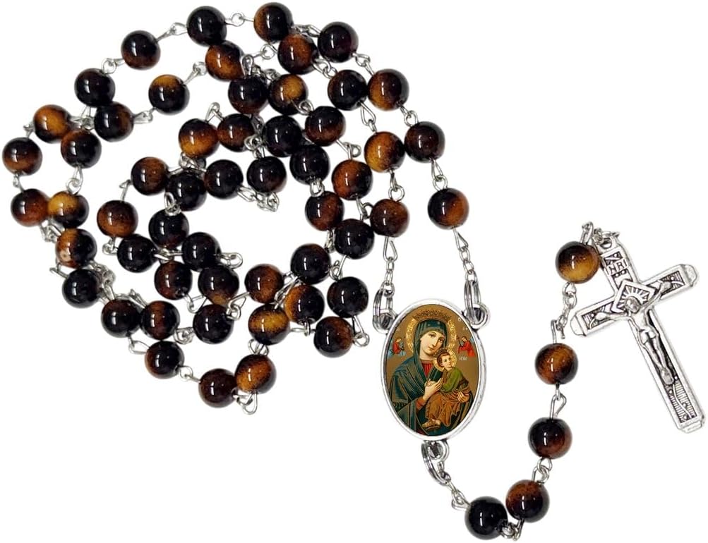 Our Mother of Perpetual Help Catholic Rosary with Natural Tiger Eye Beads, Silver Crucifix and Center Medal, English Prayer Card, Natural Stone Prayer Beads for Daily Prayer, Devotion & Gifting