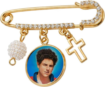 Blessed Carlo Acutis Catholic Prayer Pin Brooch, Gold-Tone Rhinestone Safety Pin with Saint Medal, Cross Charm, Pearl Bead Accent & English Prayer Card, Religious Faith Jewelry Gift